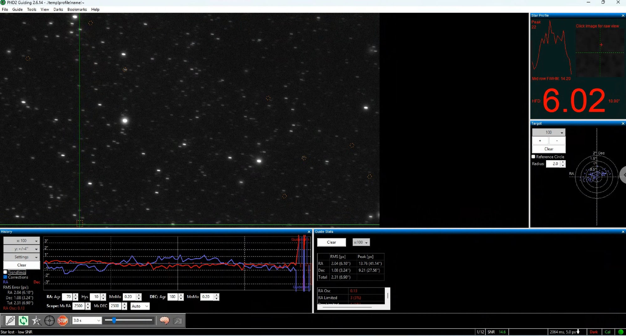 PHD2 guiding window showing the message Star lost – low SNR