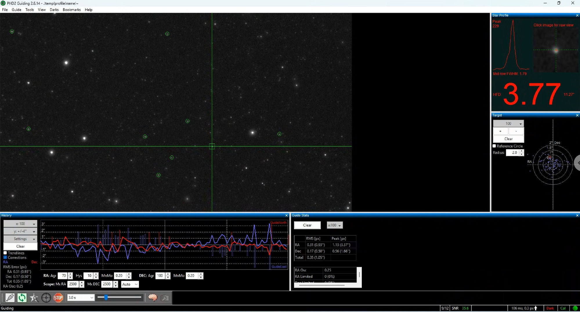 PHD2 on a star-rich field with a bright guide star in the center