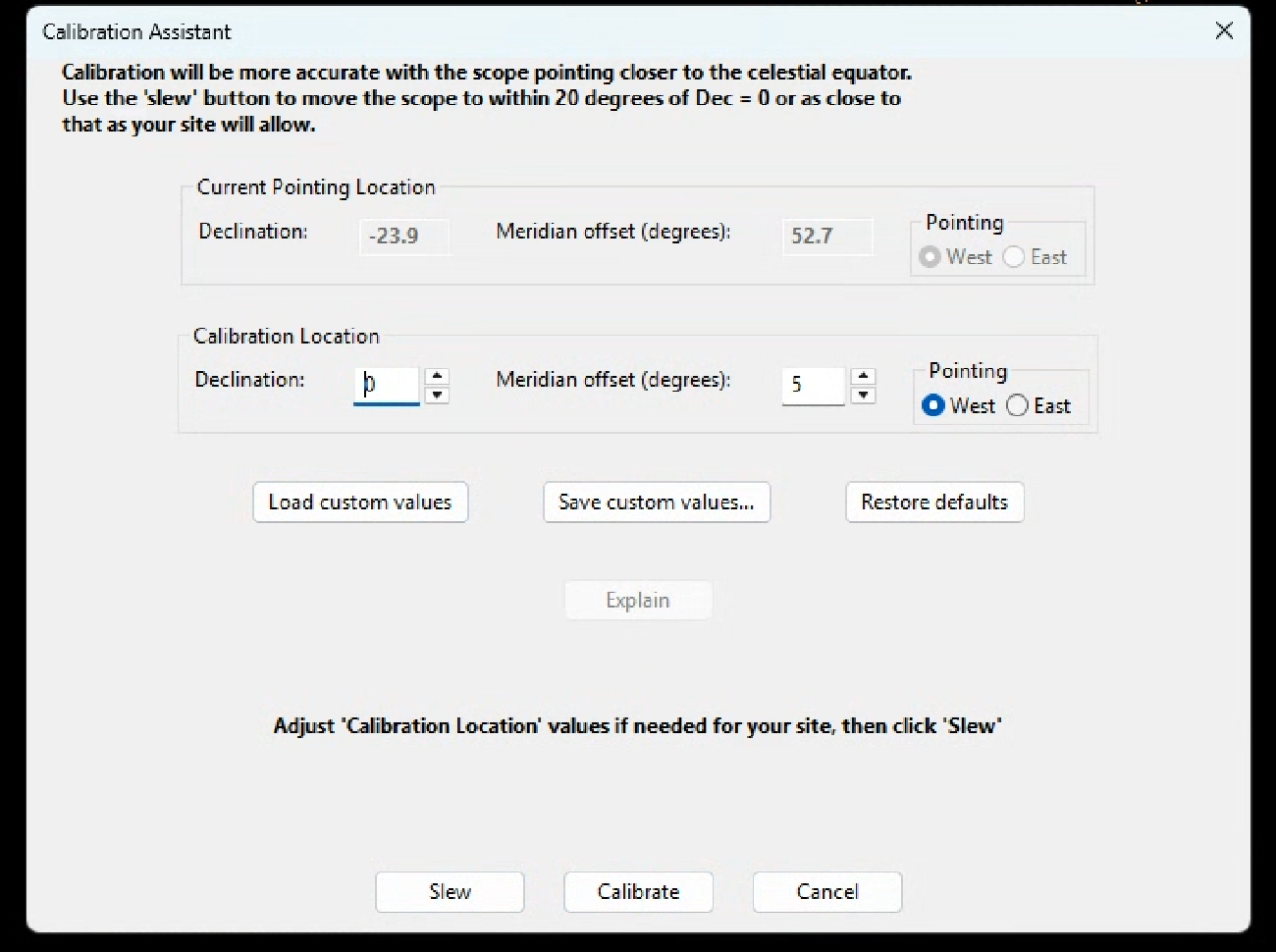 PHD2's calibration assistant with the recommended values