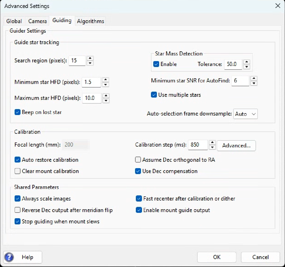 The guiding tab of PHD2's advanced settings