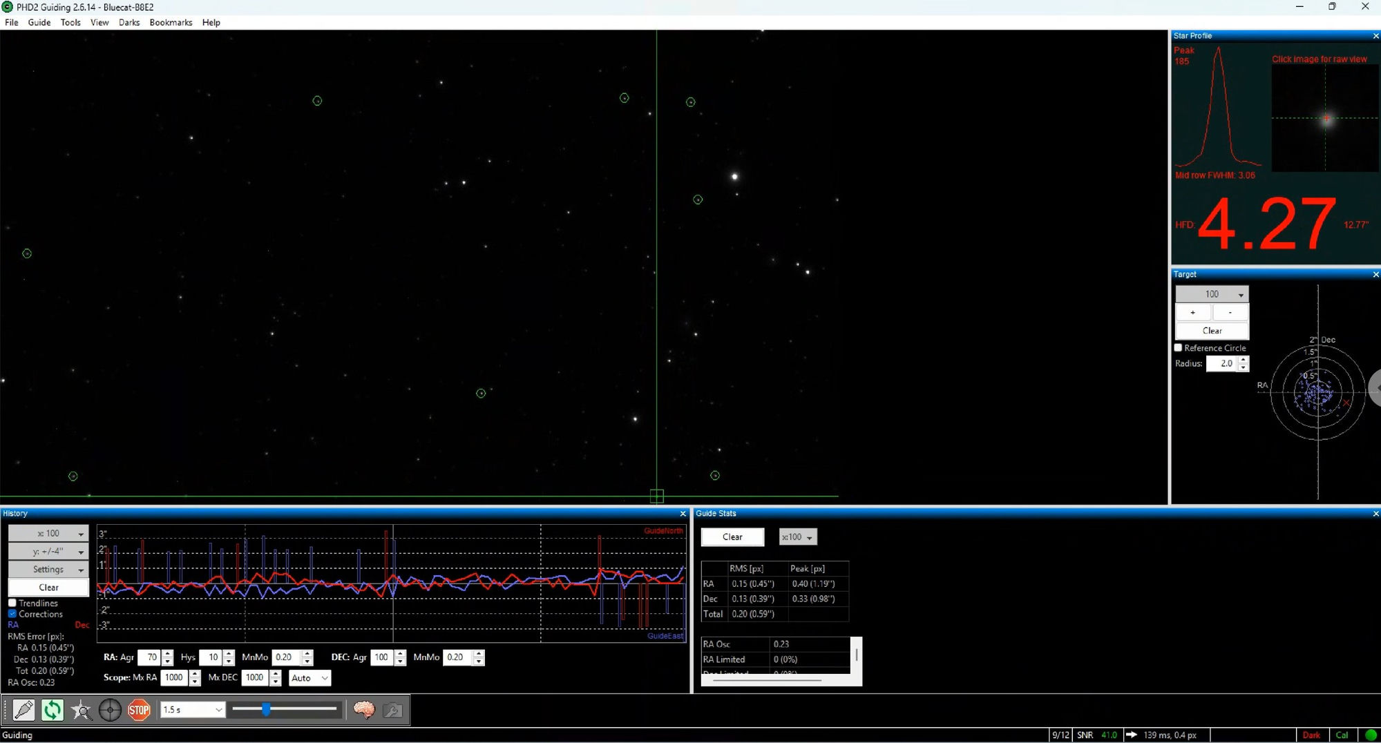 PHD2 after the new settings with the guide star at the frame edge