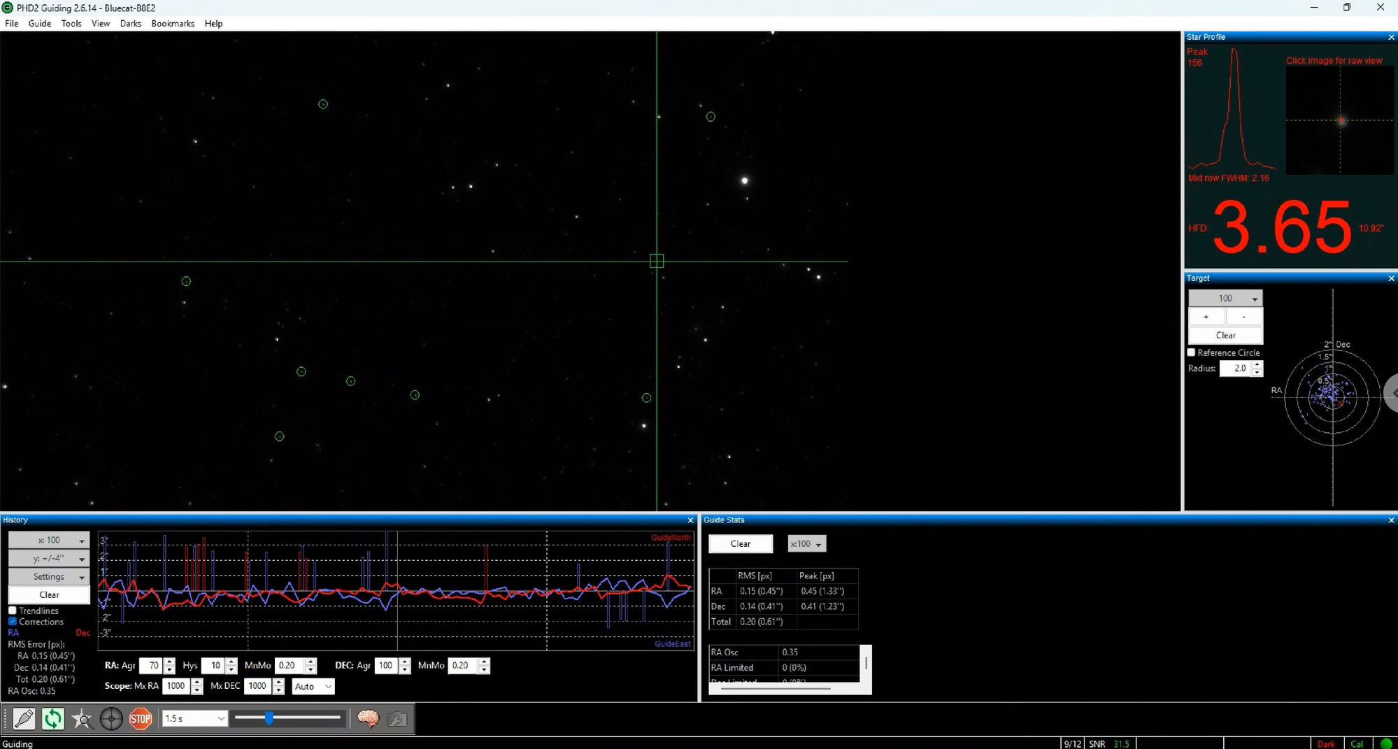 The final guiding with a bright guide star centered and a total error of 0.61 arcseconds
