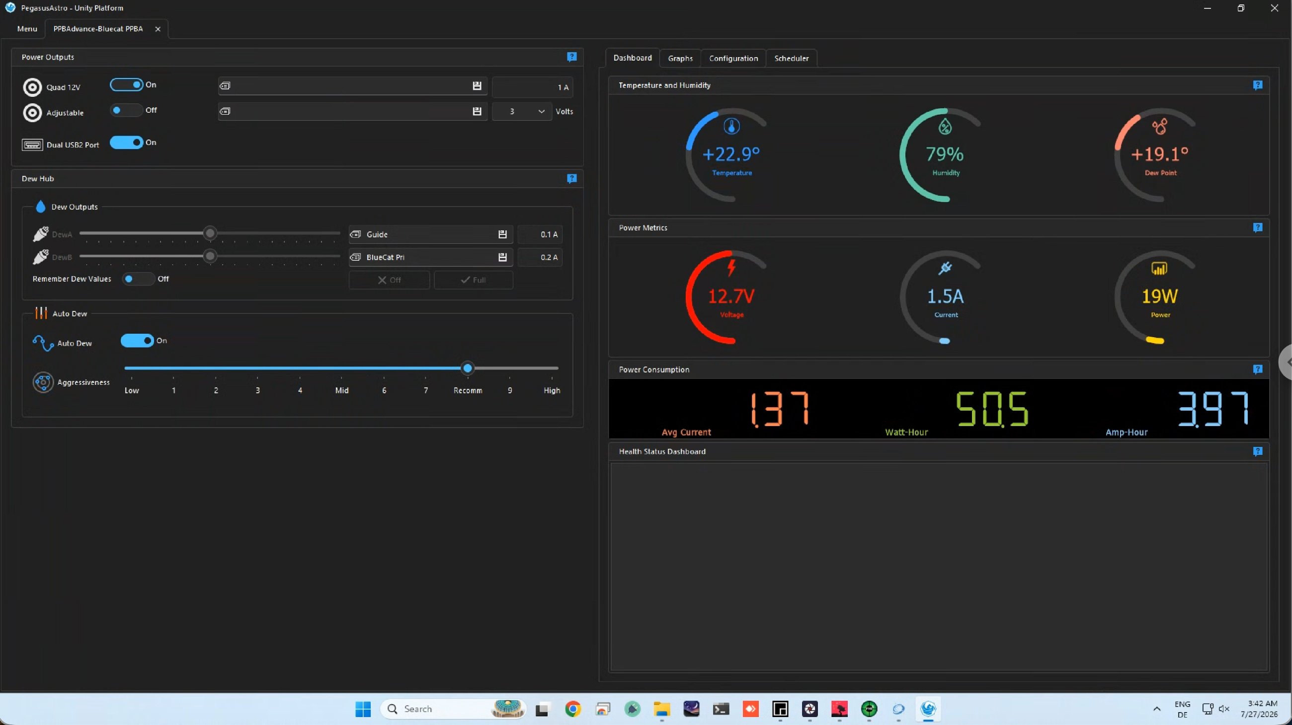 PowerBox Unity dashboard at 03:42 showing sensor values and both dew currents