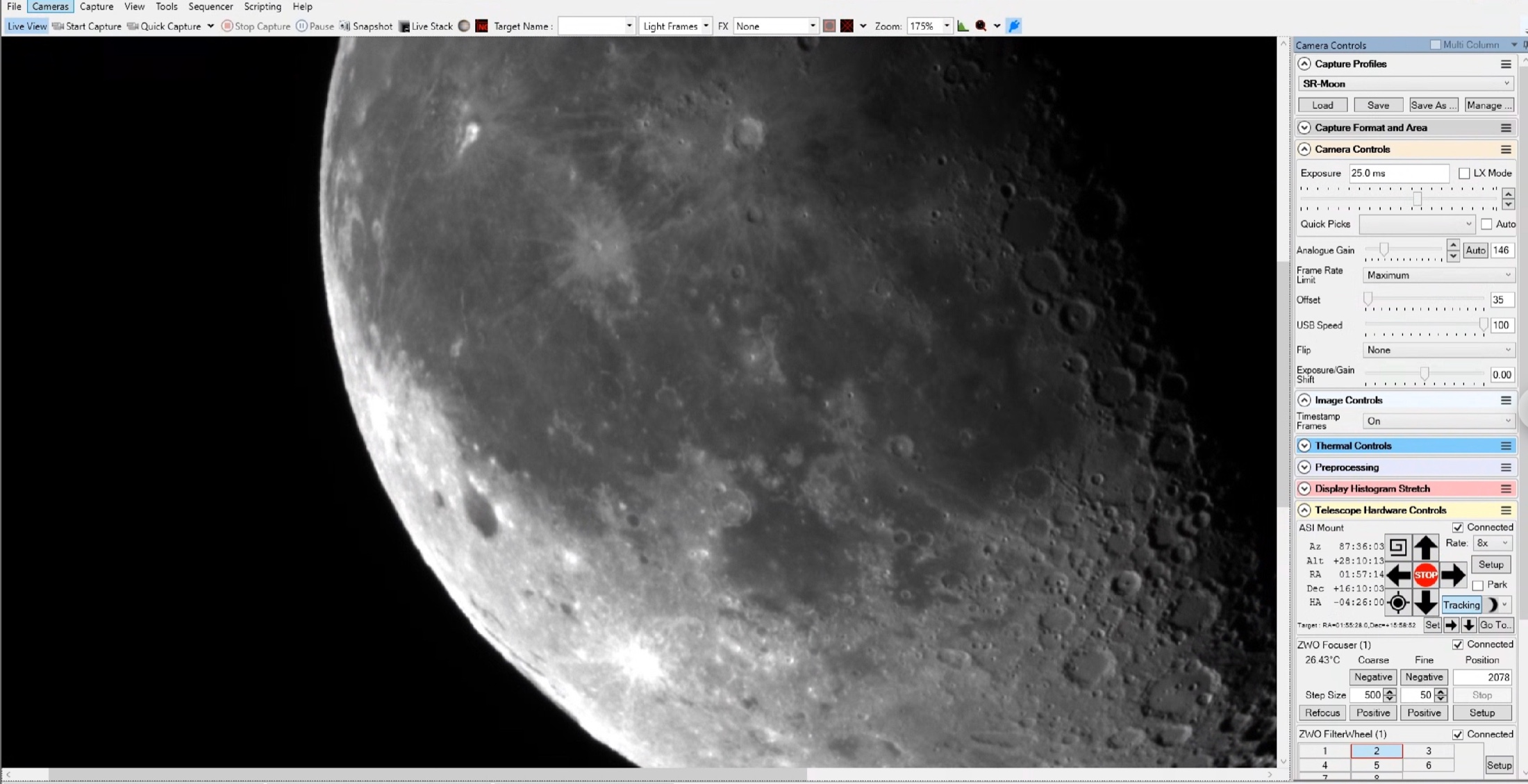 SharpCap screenshot: the Moon filling the live view on the left, camera and hardware controls on the right