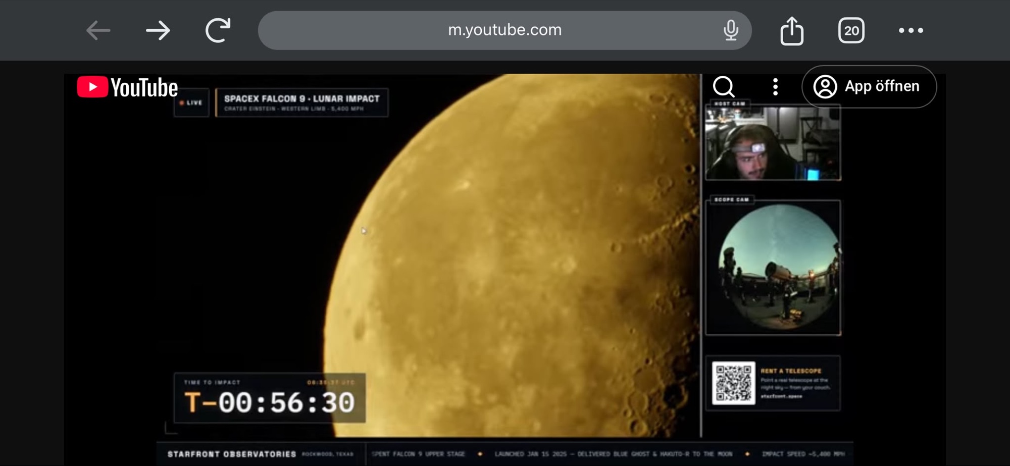 The Starfront livestream on a phone: the Moon filling the frame, host cam and scope cam beside it, a countdown below