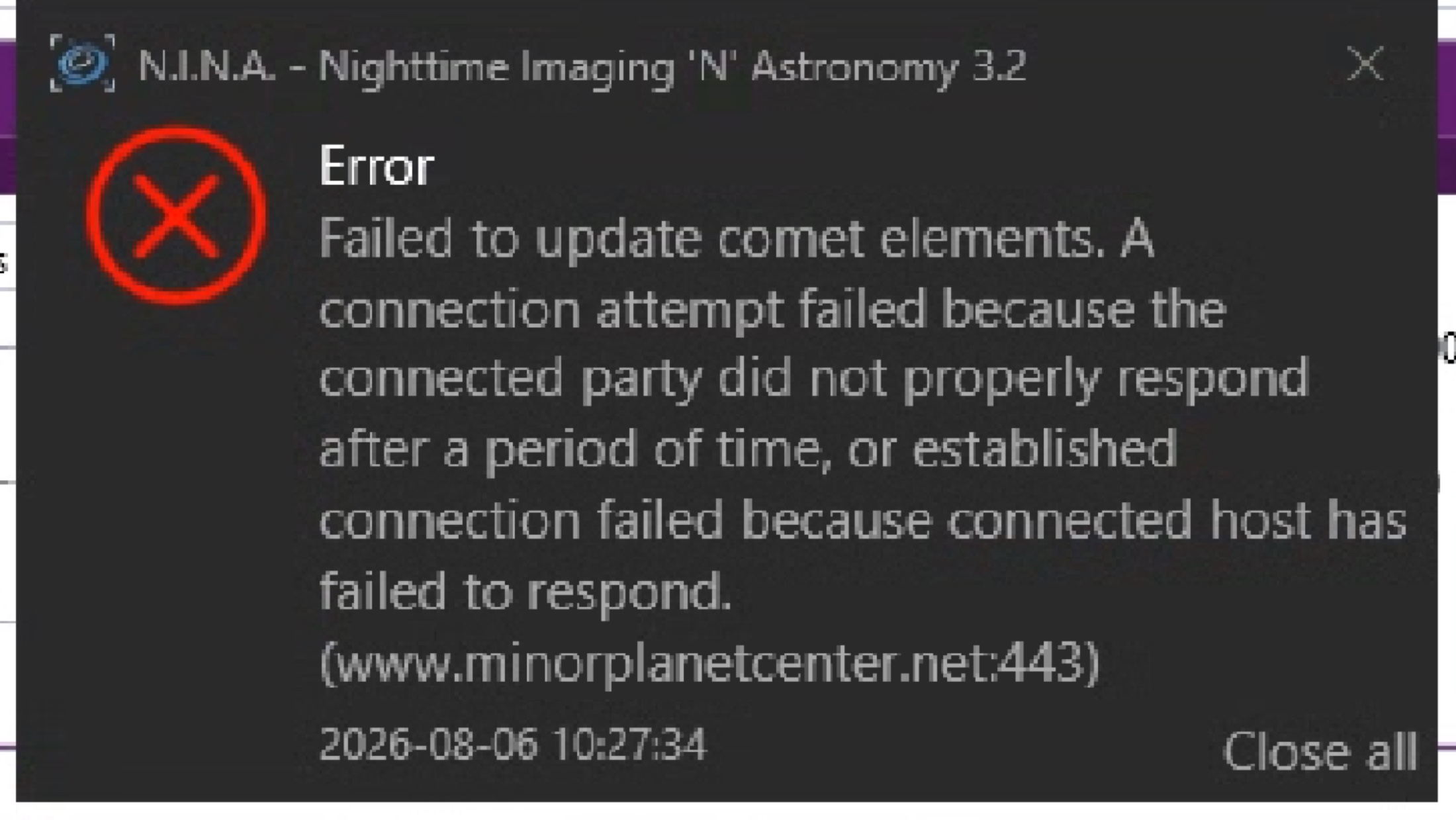 N.I.N.A. error message: Failed to update comet elements, timeout at www.minorplanetcenter.net