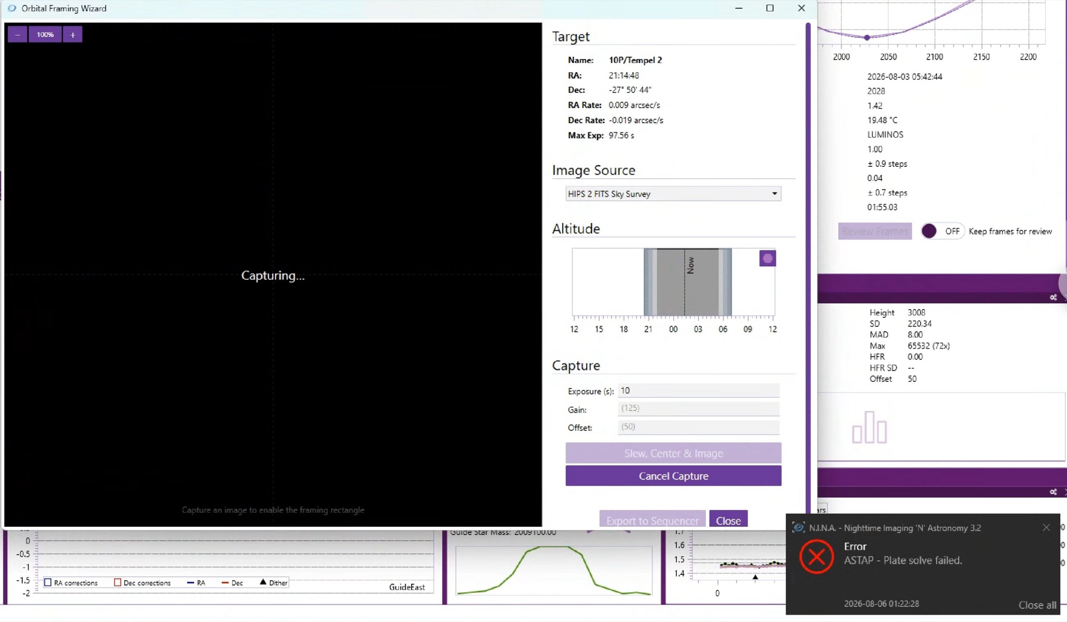 The Orbital Framing Wizard showing a black frame and the error message ASTAP - Plate solve failed