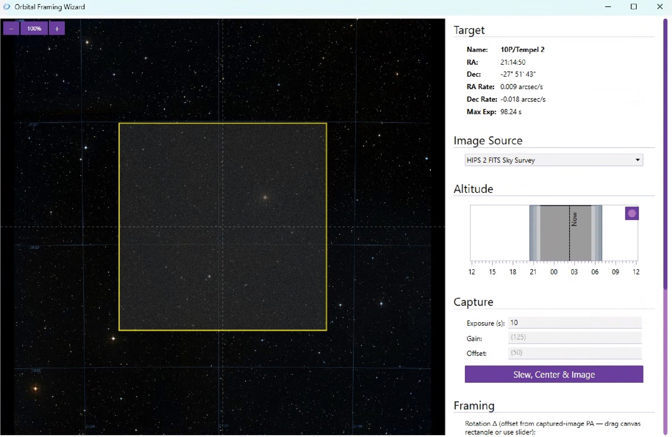 The Orbital Framing Wizard with a survey image loaded and a yellow field-of-view rectangle over the target area