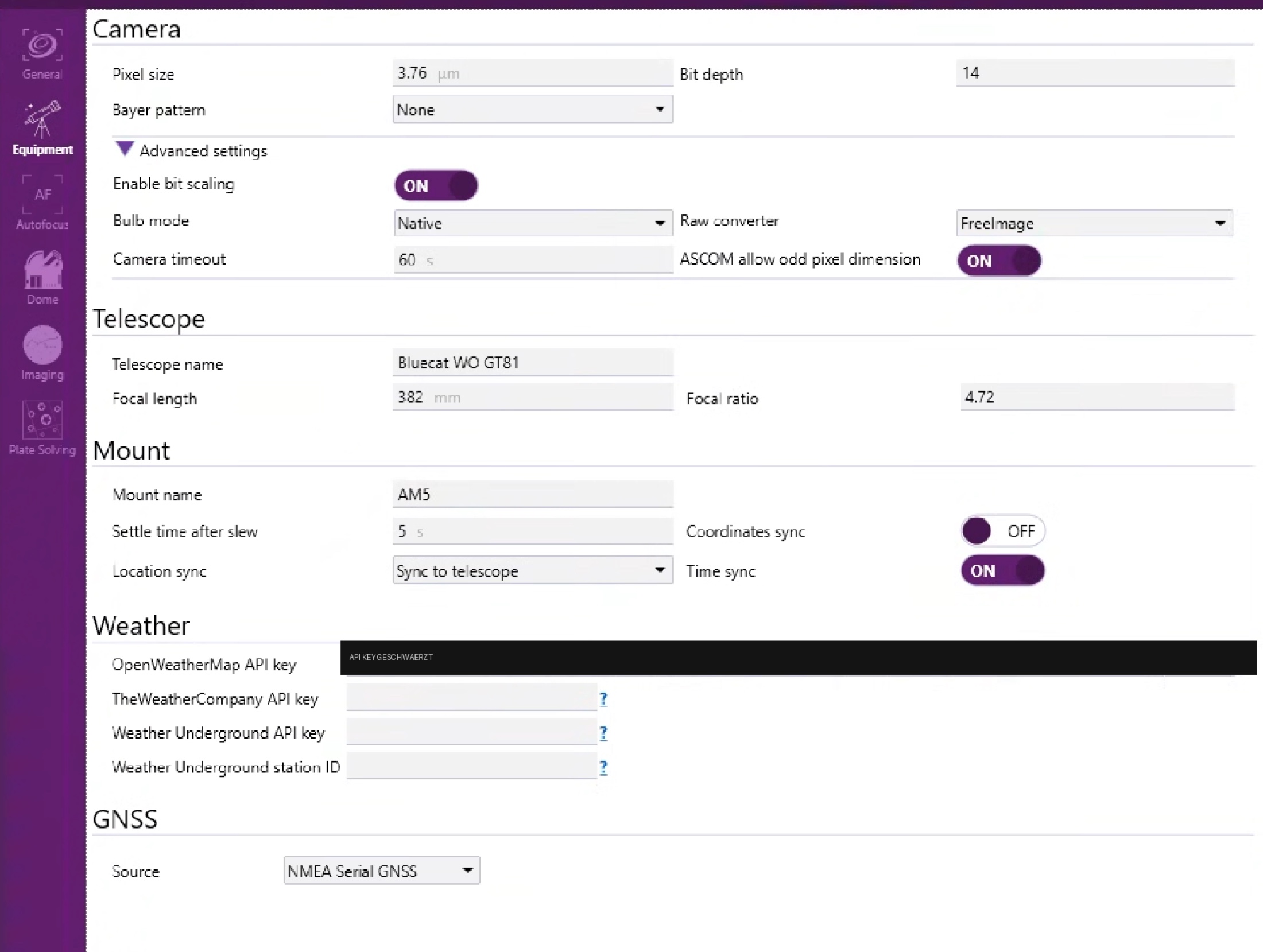 Options page after: Coordinates sync OFF, Location sync set to Sync to telescope