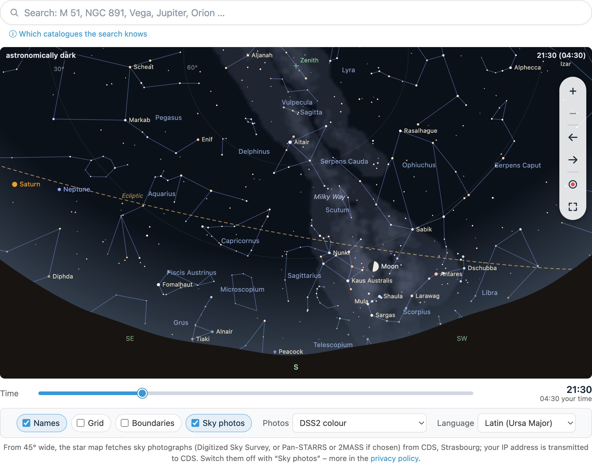 The planner&rsquo;s star map with constellation lines, the Milky Way, the moon, Saturn and Neptune, and below it the time slider and the map controls