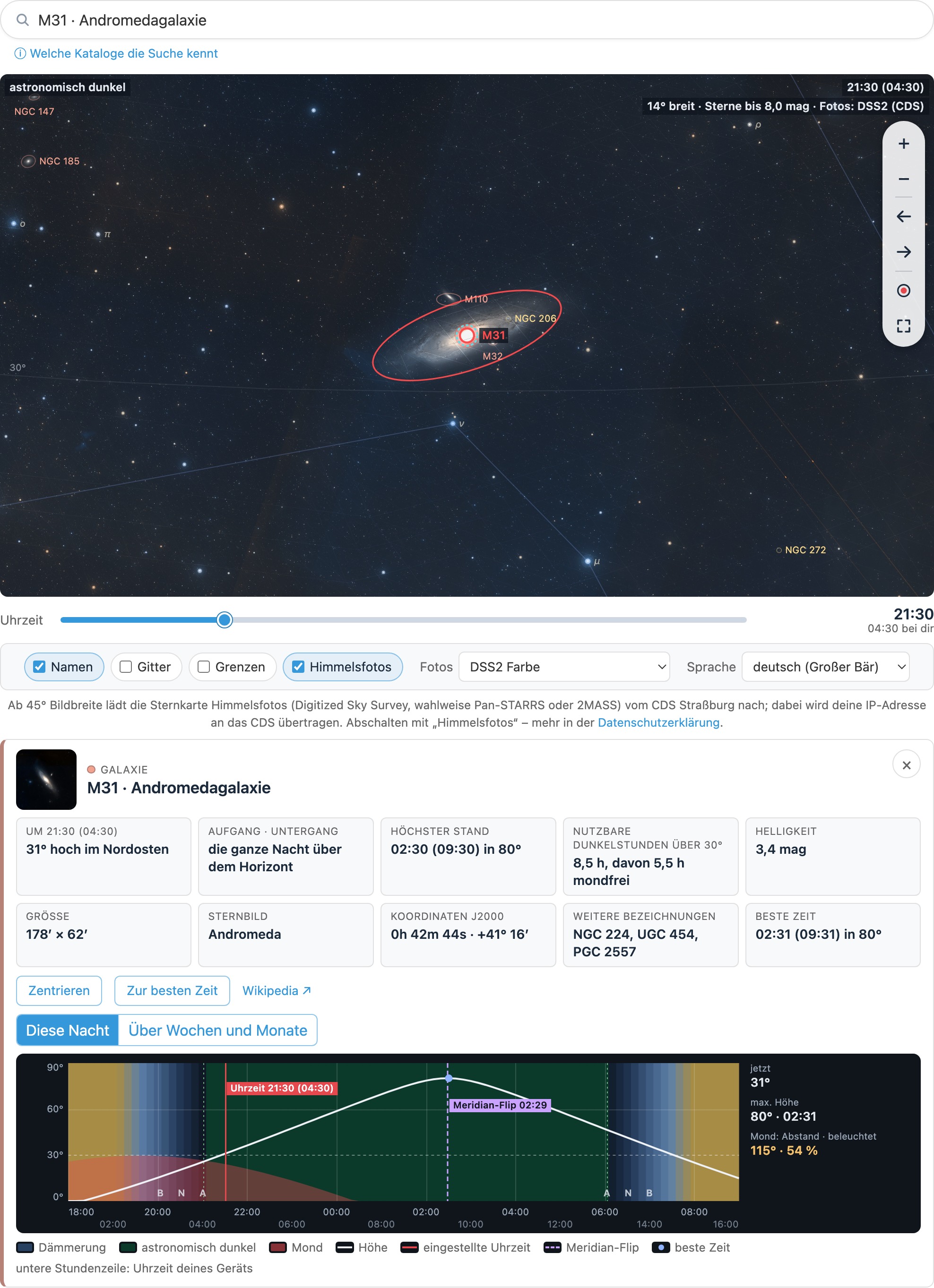 Die Sternkarte auf 14&deg; Bildbreite mit der Andromedagalaxie im roten Ring und darunter die Objektkarte mit Kennzahlen und H&ouml;henkurve der Nacht
